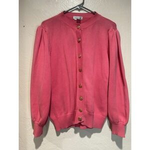 Adele Joyce Vintage Pink Cotton Puff Shoulder Cardigan Gold Crest Buttons S